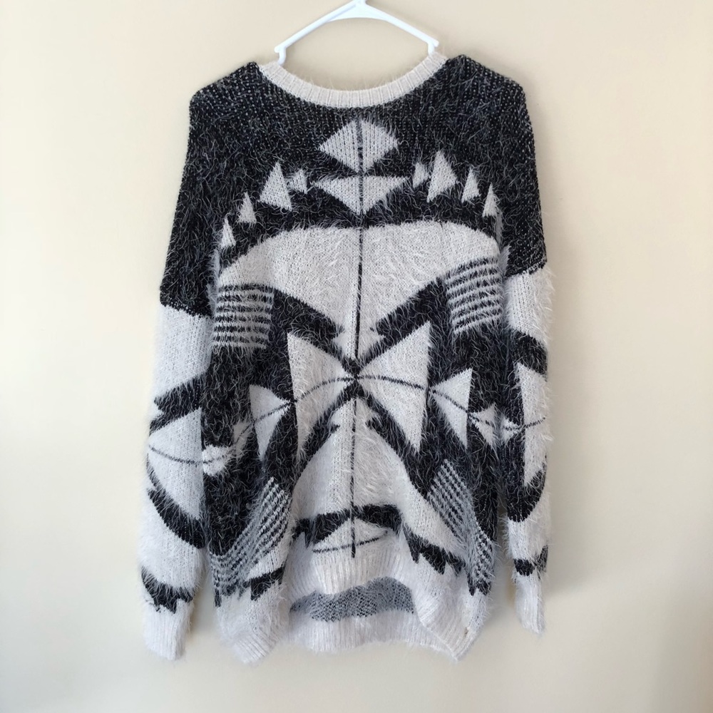 Geometric print, black and white eyelash sweater